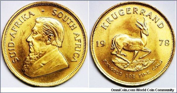 South Africa Gold Bullion Coinage, Krugerrand, 1978. 33.9305 g, 0.9170 Gold, 1.0000 Oz. AGW. Designer: Coert L. Steynberg. Mintage: 6,012,000 units. UNC. [SOLD]