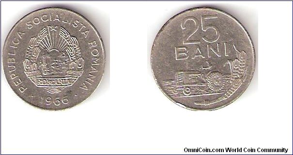 ROMANIA

1966

25 

BANI

COIN

 

EDGED:       PLAIN

WEIGHT:    3.3800 GMS. 

METAL:      NICKEL CLAD STEEL