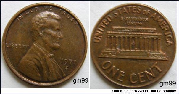 LINCOLN CENTS, MEMORIAL REVERSE
1971S-Mintmark: S (for San Francisco, CA) below the date