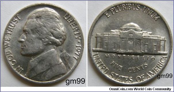JEFFERSON FIVE CENTS
1977-Mintmark: None (for Philadelphia) to the right of the building on the reverse