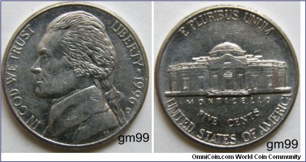 JEFFERSON FIVE CENTS.1996D-Mintmark: Small D (for Denver, Colorado) below the date on the lower right obverse