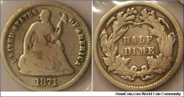 Half Dime, produced until 1873, were replaced by the nickel 5 cent piece.  Both were minted for about 7 years before discontinuing the half dime.  Silver, 15.5 mm