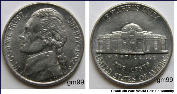 JEFFERSON FIVE CENTS. 1994D-Mintmark: Small D (for Denver, Colorado) below the date on the lower right obverse