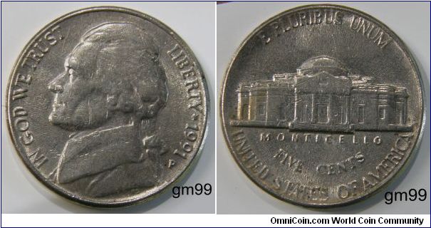 JEFFERSON FIVE CENTS 
1991P-Mintmark: Small P (for Philadelphia) below the date on the obverse