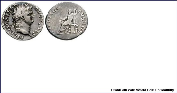 Nero. AD 54-68. AR Denarius (18mm, 3.25 g). Rome mint. Struck circa AD . Laureate head right / Jupiter seated left, holding thunderbolt and sceptre. RIC I 53; RSC 119.  (Joe Geranio)