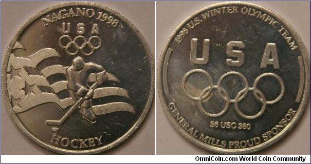 Olympic commemorative, hockey, by General Mills, Al, 39 mm