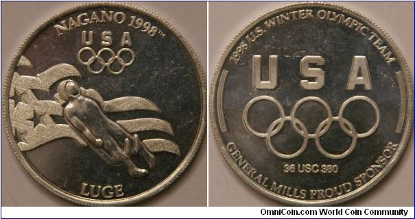 Olympic commemorative, luge, by General Mills, Al, 39 mm