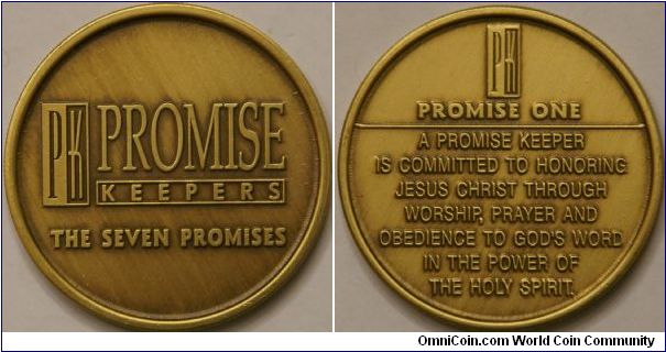 Promise Keeper reminder coin, to remind one to keep his promises to the Lord, family, and in every other walk in life. brushed bronze(?), 40 mm