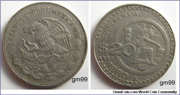 20 Pesos. (1980-1984) Obverse: National arms, eagle left, Reverse: Figure,Mayan Culture with headdress facing left within circle. Mintage: 84,900,000.
