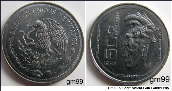 50 Centavos,Stainless steel. Subject:Palenque Culture (1983). National arms, eagle left. Reverse: head and headdress face 3/4 left. NOTE: Face have a few marks on it