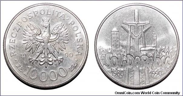 POLAND (REPUBLIC)~10,000 Zlotych 1990. 10th Anniversary of the Solidarity movement.