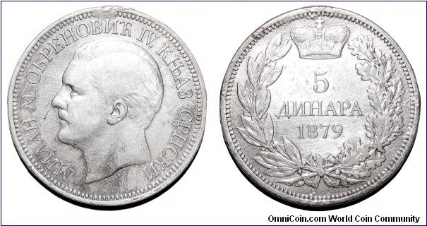SERBIA (PRINCIPALITY)~5 Dinara 1879.