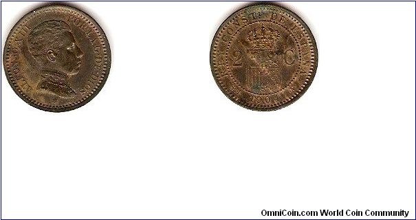 2 centimos
Alfonso XIII, by the grace of God, constitunional king of Spain
bronze