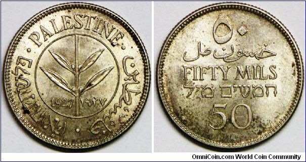 Palestine, British Administration, 50 MILS, 1927. 5.8319 g, 0.7200 Silver, .135 Oz. ASW. Mintage: 8,000,000 units. UNC. Toned. [SOLD]