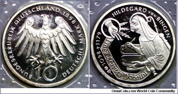 Germany - Federal Republic, 10 Mark, 1998F. Subject: 900th Anniversary - Birth of Hildegard von Bingen (1098 - 1179). 15.5000 g, 0.9250 Silver, .4610 Oz. ASW., 33mm. Mintage: 200,000 units. PROOF.