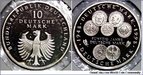 Germany - Federal Republic, 10 Mark, 1998A. Subject: 50 Years of German Deutsch Mark. Rev: Seven coin designs. 15.5000 g, 0.9250 Silver, .4610 Oz. ASW., 33mm.  Mintage: Unknown. PROOF.
