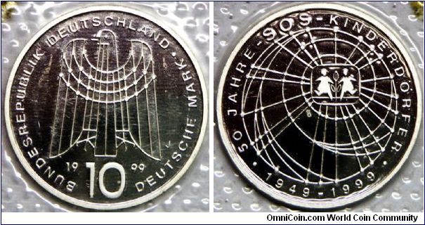Germany - Federal Republic, 10 Mark, 1999J. Subject: Charity for children without parents all over the world. Rev: Stylized globe, children playing. 15.5000 g, 0.9250 Silver, .4610 Oz. ASW., 33mm. Mintage: Unknown. PROOF.