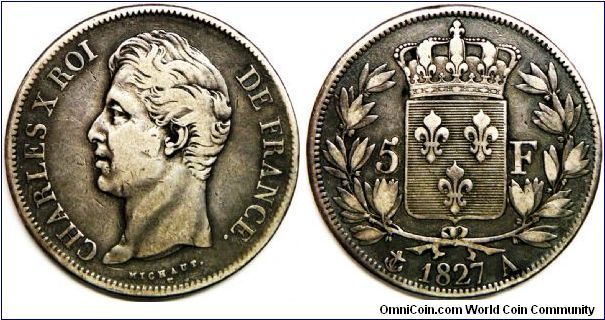 Charles X, 5 Francs, 1827A. 25.0000 g, 0.9000 Silver, .7234 Oz. ASW. Mintage: 6,822,000 units. Mint: Paris. VF. [SOLD]
