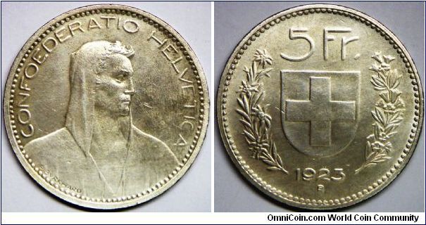 Confederation, 5 Francs, 1923B. 25.0000 g, 0.9000 Silver,.7234 Oz. ASW. Mintage: 11,300,000 units. XF+ to AU. [SOLD]