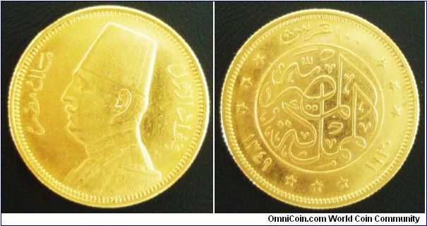 Kingdom (1922 - 1952) - Fuad I (AH1341 - 1372/ 1922 - 1936 AD), 100 Piastres, AH1349 (1930). 6.5000 g, 0.8750 Gold, .2391 Oz. AGW., AU.