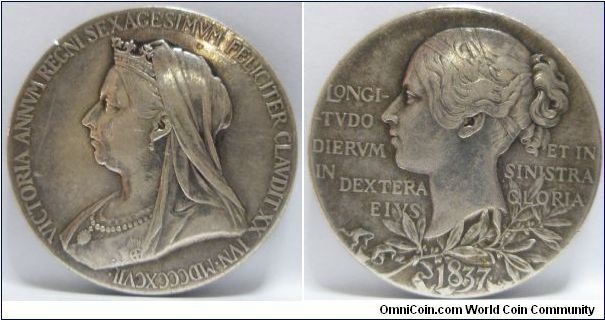 1897, Great Britain. Official Medal for Victoria's Diamond Jubilee. By Thomas Brock. Silver 55mm. Obv: Diademed, veiled bust facing left. Rev: Young head facing left. VF.