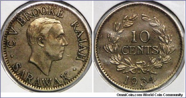 Sarawak, British Colony, Rajah Charles V. Brooke (1917 - 1946), 10 Cents, 1934H. Copper-Nickel. Mintage: 2,000,000 units. VF.