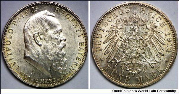 German States - Bavaria. Otto (1886 - 1913), Prince Regent Luitpold (1886 - 1912), 5 Mark, 1911D. Subject: 90th Birthday of Prince Regent Luitpold. 27.7700 g, 0.9000 Silver, .8038 Oz. ASW., 38mm. Mintage: 160,000 units. Choice UNC. Toned. [SOLD]