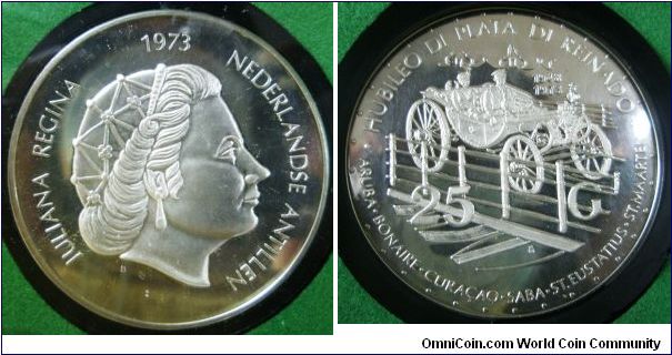 Netherlands Antilles (1948-1973), Sterling Silver f25 (0.9250 Silver), 1973. Subject: To Ccommemorate the 25th Anniversary of The Coronation of Queen Juliana (Struck at the Royal Canadian Mint). PROOF.