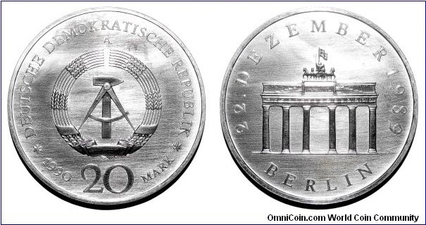 EAST GERMANY~20 Mark (Silver Variety) 1990. Opening of the Brandenburg Gate. Last issue before German reunification. Mint: East Berlin.