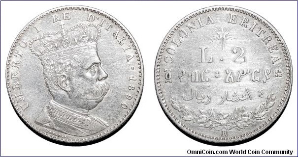 ERITREA (COLONIAL)~2 Lire 1890. Under King: Umberto I of Italy. *SCARCE*