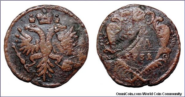 RUSSIAN EMPIRE~Denga (1/2 Kopek) 1731. Under Tsaritsa: Anna  Romanov. Double Struck