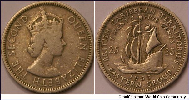 25 cents, with Sir Francis Drakes’ ship, the Golden Hind, 24 mm