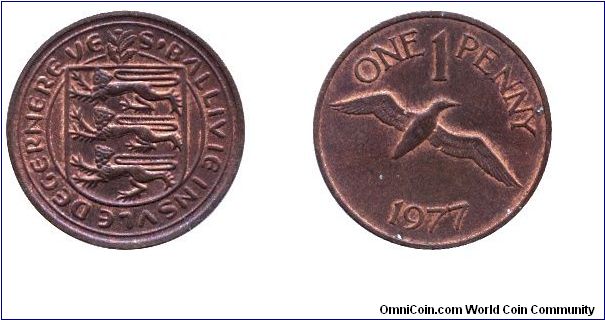Guernsey, 1 penny, 1977, Bronze, Gannet Bird, S-Ballivie Insvle Degernereve.                                                                                                                                                                                                                                                                                                                                                                                                                                        