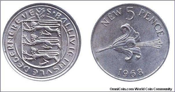 Guernsey, 5 new pence, 1968, Cu-Ni, Guernsey Lilly, S-Ballivie Insvle Degernereve.                                                                                                                                                                                                                                                                                                                                                                                                                                  