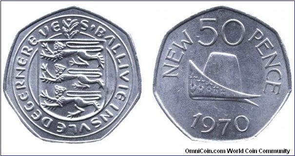 Guernsey, 50 new pence, 1970, Cu-Ni, Ducal cap of Duke of Normandy, S-Ballivie Insvle Degernereve.                                                                                                                                                                                                                                                                                                                                                                                                                  