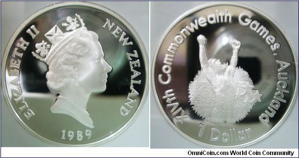 New Zealand, Queen Elizabeth II, One Dollar, 1989. 27.216 grams, 0.925 silver, diam. 38.735. Subject: The XIVth Commonwealth Games in Auckland 1990. PROOF.