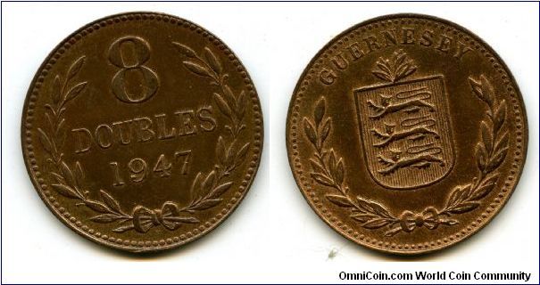 8 Doubles
1947 H
Heton Mint
Value & date in wreath
Coat of arms in wreath