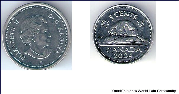 Canada

2004

5 Cents

Obverse:
Queen Elizabeth II

Reverse:
Otter