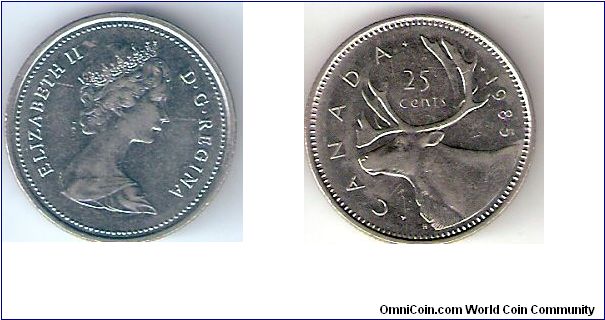 Canada

1985

25 Cents

Obverse:
Queen Elizabeth II

Reverse:
Moose