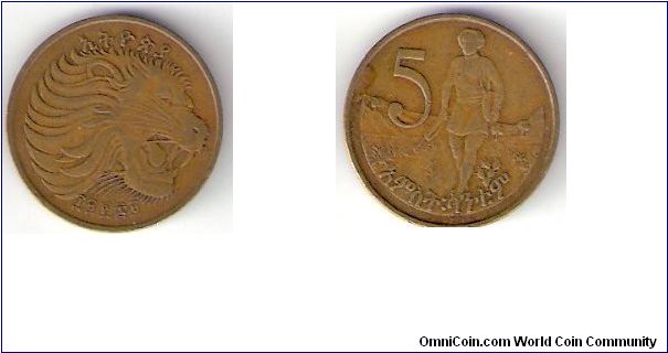 Ethiopia

1969

5 Cents

Obverse:
Lion Head

Reverse:
Vega bond Hunter