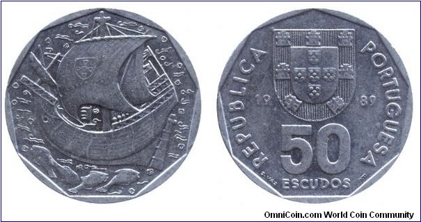 Portugal, 50 escudos, 1989, Cu-Ni, Ship.                                                                                                                                                                                                                                                                                                                                                                                                                                                                            