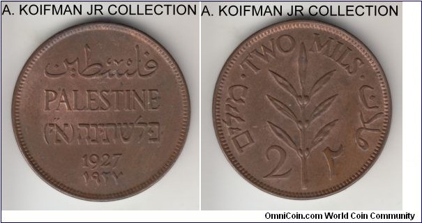 KM-2, 1927 Palestine 2 mils; bronze, plain edge; George V, British mandate period and first year of coinage, mostly brown uncirculated.