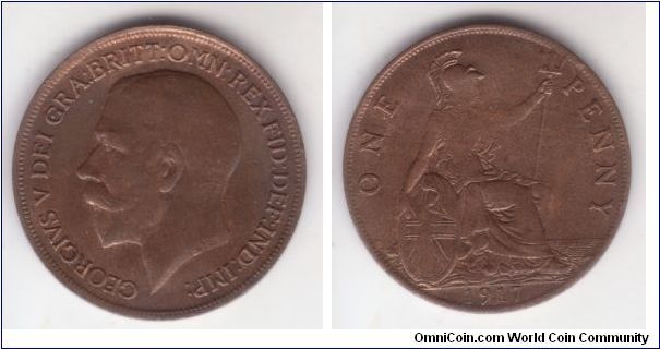 KM-810, 1917 Great Britain penny; common year with large mintage this coin is a bit unusual in its weak strike in the center of Britannia; now I fully see the meaning of Krause's note that fully struck specimen command premium; almost uncirculated for wear, quite a bit of lustre showing through