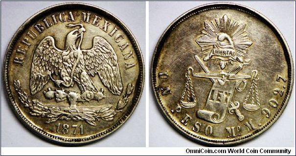 Second Republic, Decimal Coinage (100 Centavos = 1 Peso), 1 Peso, 1871 Mo M. 27.0730 g, 0.9030 Silver, .7860 Oz. ASW. Mintage: 6,974,000 units. Cleaned. EF+ Detail. [SOLD]