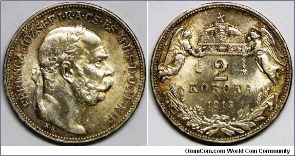 Kingdom, Franz Joseph I (1848 - 1916), 2 Korona, 1913KB. 10.0000 g, 0.8350 Silver, .2685 Oz. ASW. Mintage: 3,000,000 units. UNC. Toned. [SOLD]
