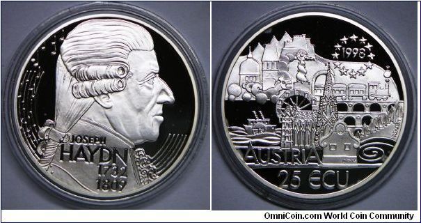 Austria, 25 Ecu, 1998, Joseph Haydn (1732 - 1809), Silver, Proof.