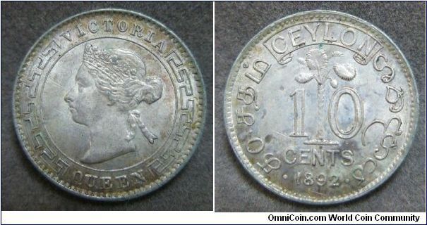 Ceylon, Queen Victoria, 10 cents, 1892. Good XF.