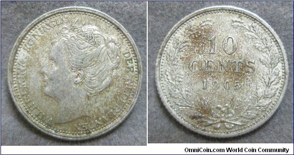 Netherlands, Wilhelmina I, 10 cents, 1905. VF.