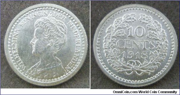 Netherlands, Wilhelmina I, 10 cents, 1918. UNC.