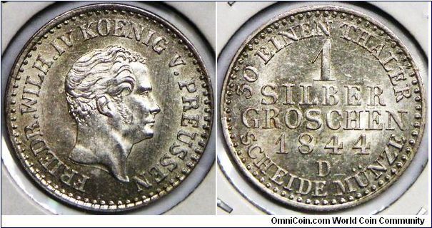 DOUBTFUL COIN. COULD BE FAKE. Thanks for podzemnik advice// German States - Prussia, Friedrich Wilhelm IV, 1 Groschen (Silber), 1844D. 2.1900 g, 0.2220 Silver, .0156 Oz. ASW. Brilliant Uncirculated.